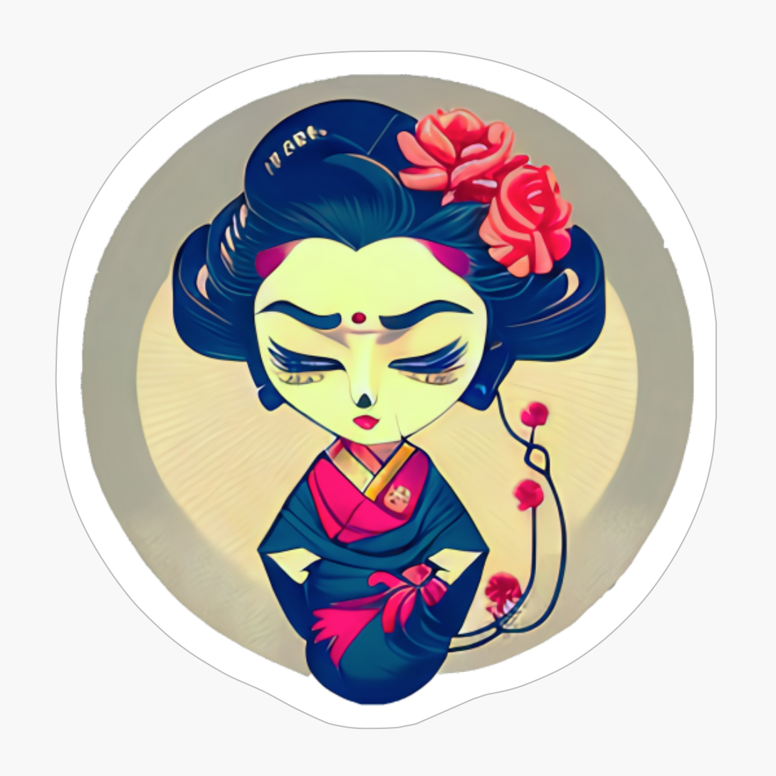 Kawaii Style Geisha With Flowers On Her Head In A Kimono