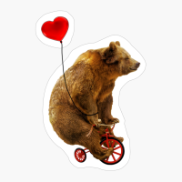 Grizzly Bear Riding A Red Tricycle With Heart Balloon