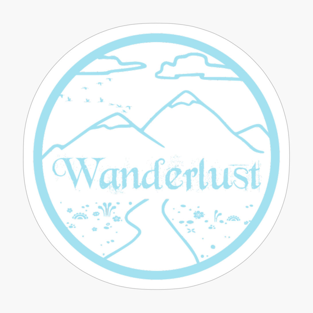 Blue Wanderlust Round Logo With Mountains, Birds And Clouds