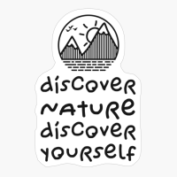 DISCOVER NATURE DISCOVER YOURSELF Minimalist Mountain Sunset Cirle Design With Birds Flying Over