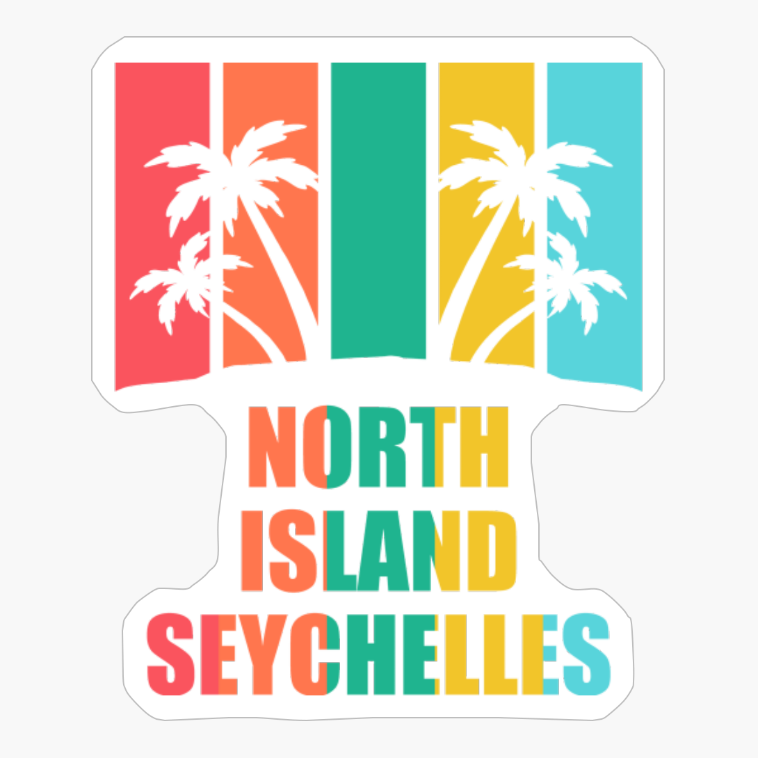 NORTH ISLAND, SEYCHELLES Retro Vintage Stiped Colorfull Tropical Holiday Sunset Beach Wiht Palm Tree