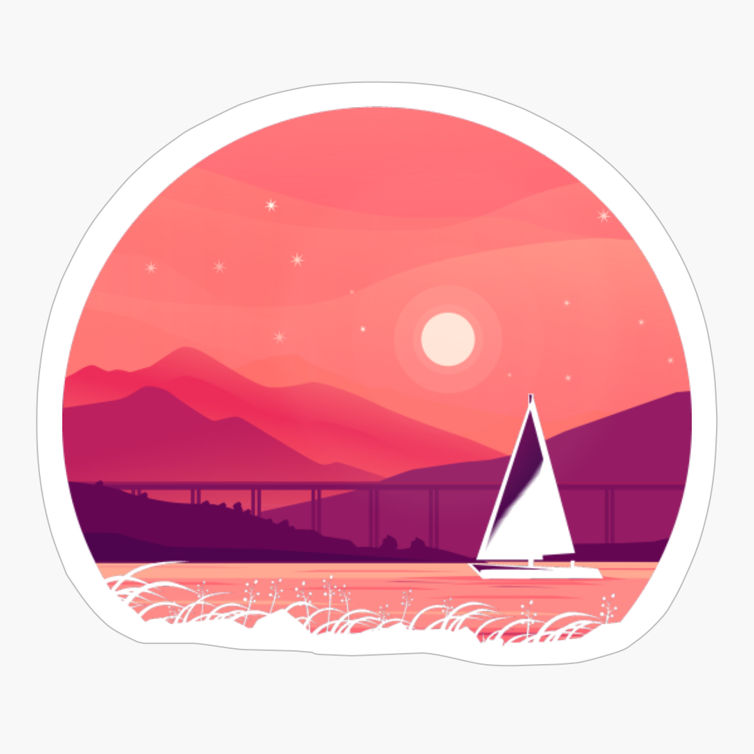 VIntage Retro Sunset Design With 80s Vibe Showing A Boat, Bridge, Mountains And A Sea
