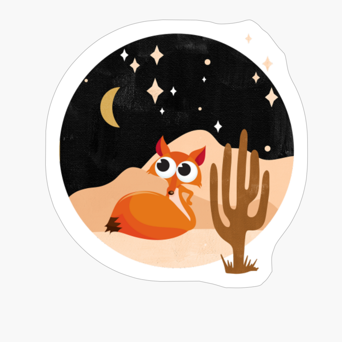 Wild Red Fox Contemplating The Moon And The Starry Sky