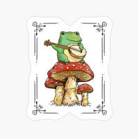 Cottagecore Frog Playing Banjo Sitting On Mushroom