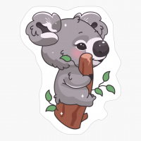 Cute Koala Kawaii Cartoon Vector Character. Adorable And Funny Animal Sitting On Branch And Eating Eucalyptus Leaves