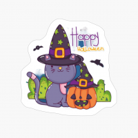 Cute Cat Spooky Halloween Kids By Pumpkin And Bats