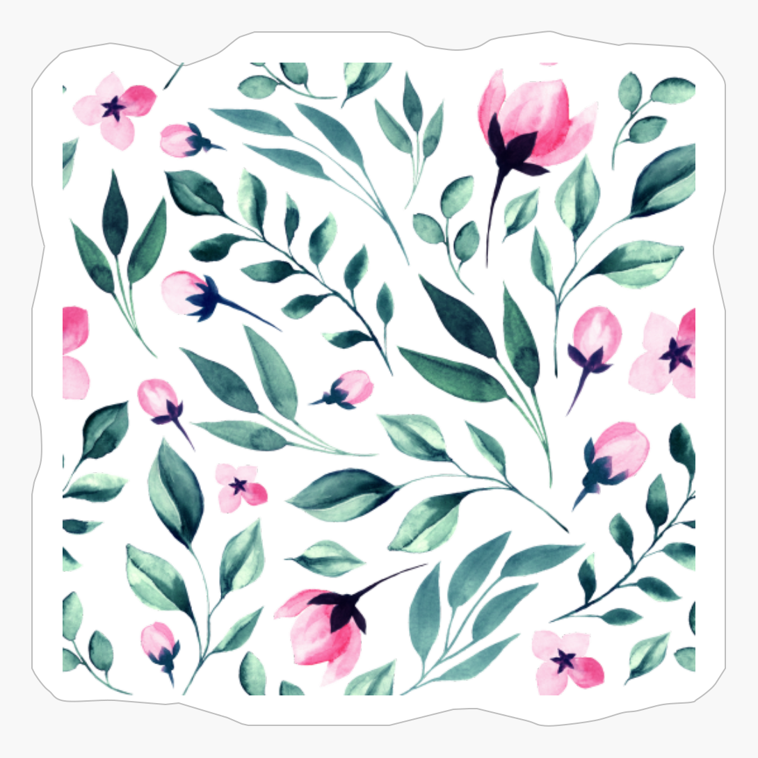 Pink Flowers With Leaves Watercolor Pattern