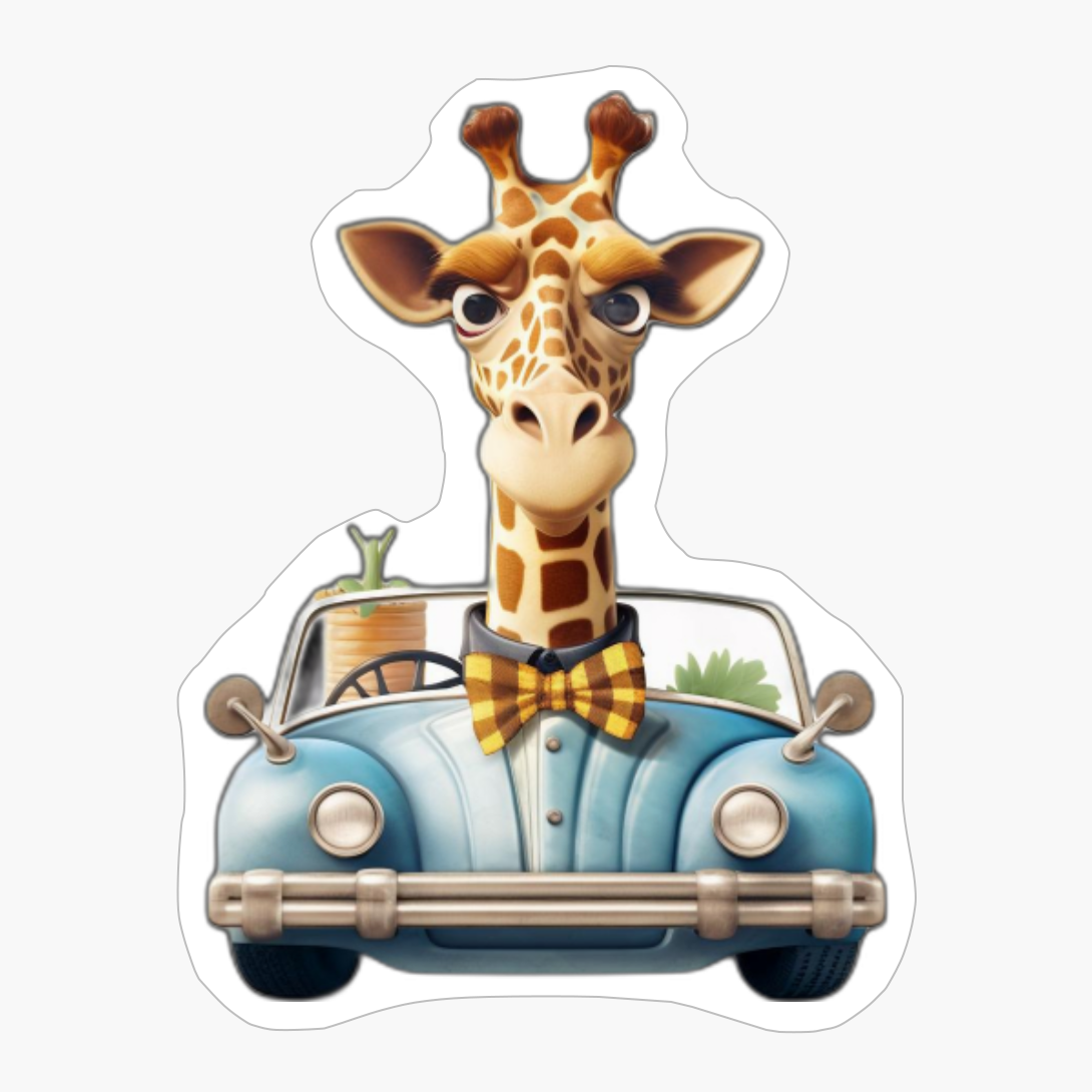 Giraffe Wearing Bowtie Driving Car Style