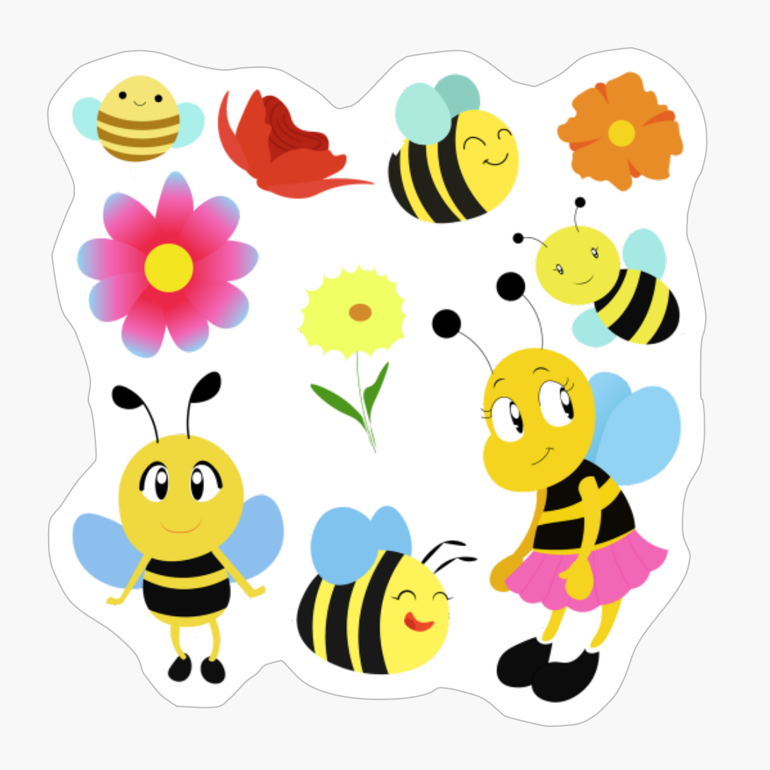 Bees Flowers Cartoon Honey Bees Insects Garden