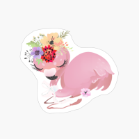 Cute Dreaming Flamingo Pink Baby Princess Exotic Bird With Tied Bow And Tropical Flowers