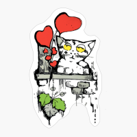 Ink Illustration Of A Cute Cat On A Window Watching How A Plant Of Red Hearts Is Growing On The Brick Wall Green Leafs Can Be Seen